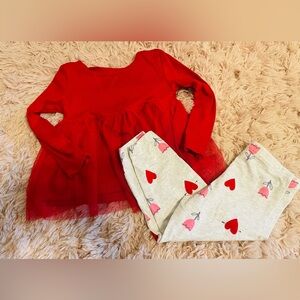 24M Toddler 2-Piece Valentine’s Day Outfit – Red Long Sleeve Top & Heart Legging